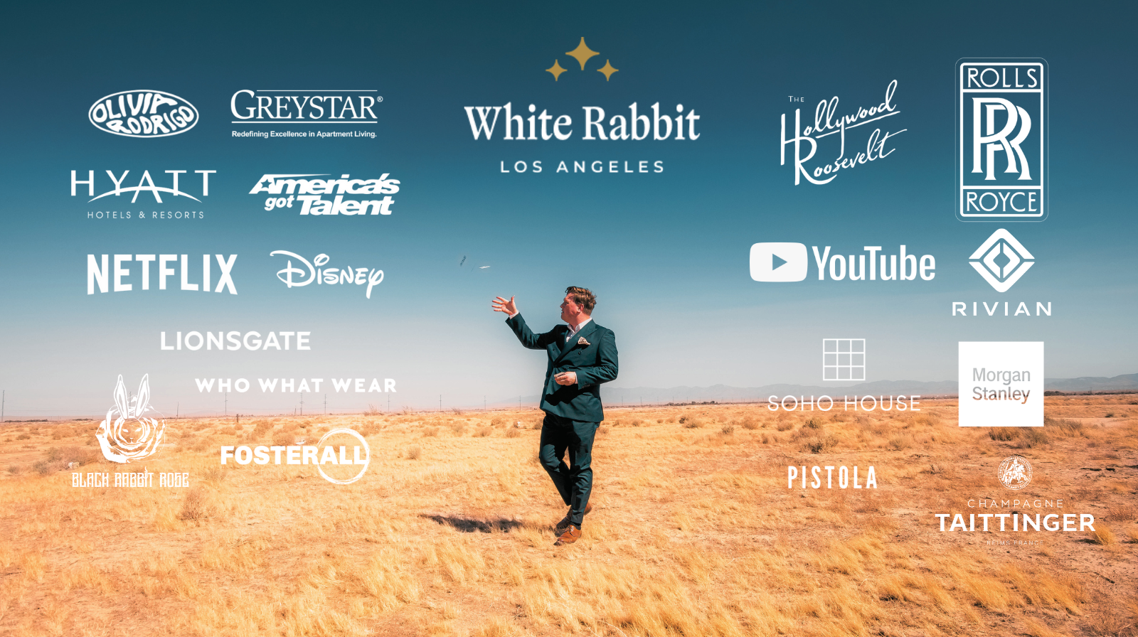 White Rabbit magician client logos including Netflix, Disney, Rolls Royce, Morgan Stanley, and more
